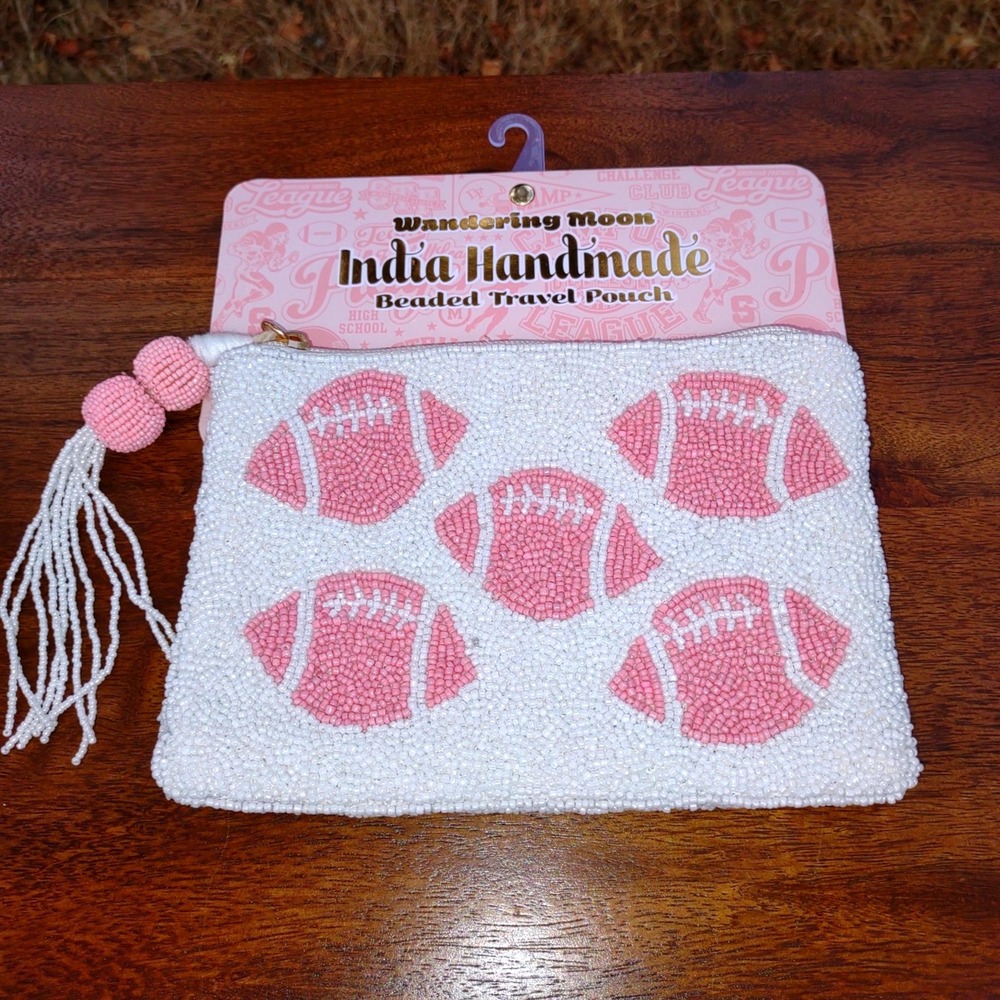 Handmade‎ Beaded Travel Pouch White Pink Football India Tassel